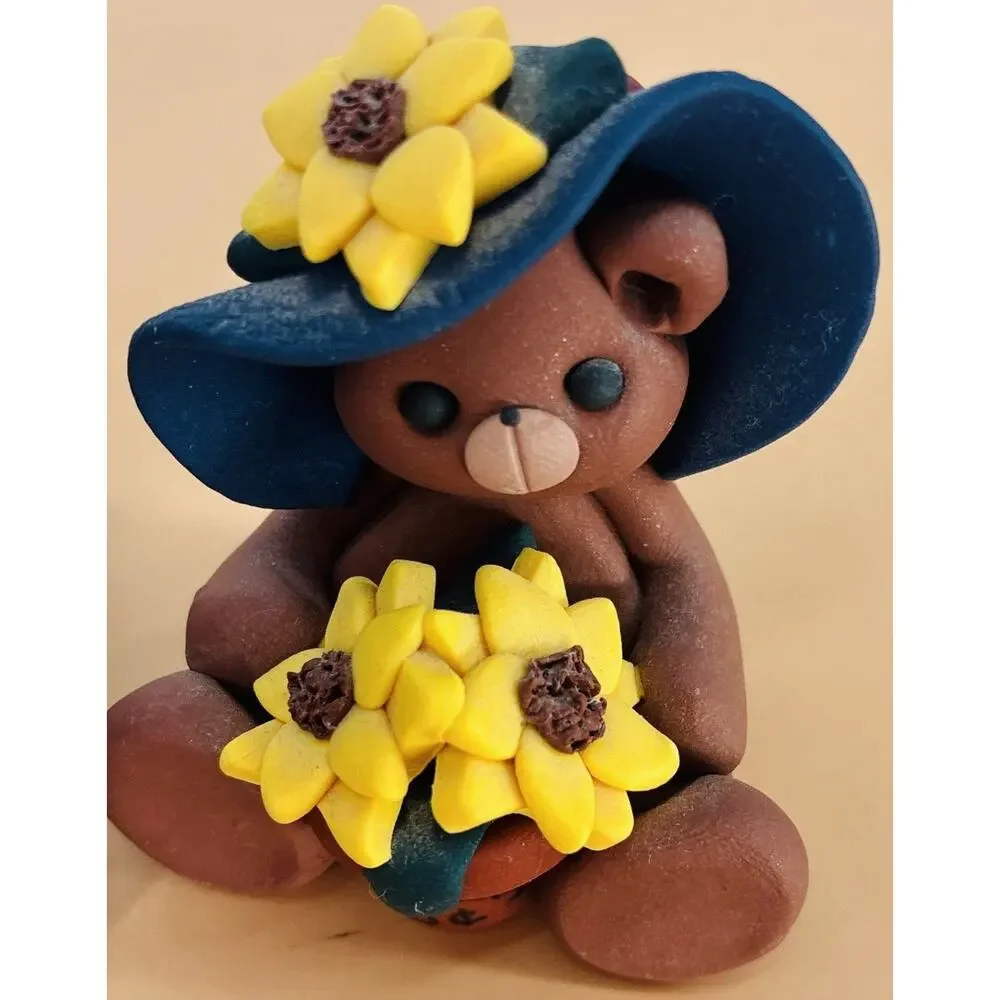 Vintage 1994 Polymer Clay Sheree Soles Woman, Bear w/ Flowers, Floral Bouquet - Picture 2 of 6
